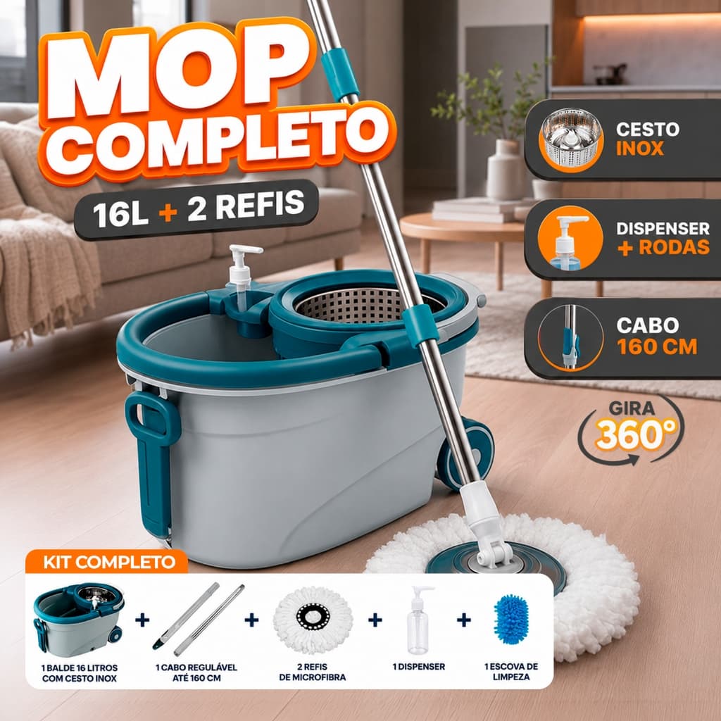 Mop Profissional Giratório 360° 16L Cesto Inox Rodas Dispenser Cabo 160cm + 2 Refis